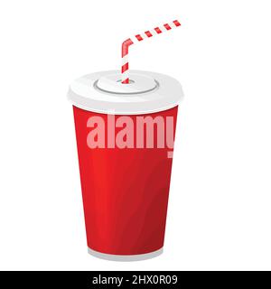 Realistic paper disposable beverage cup for soda with drinking straw on white background, vector illustration Stock Vector