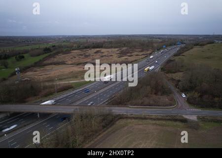 M11 Motorway aerial view in Essex UK Stock Photo