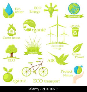 Set of eco logos for life in a flat style isolated on a white background. Protect the planet from pollution. Elements of design for business, eat, web, advertising, banners. Vector illustration Stock Vector