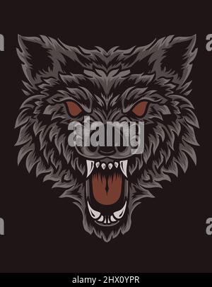illustration vector angry wolf head on black background Stock Vector