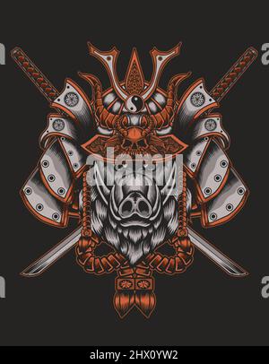 illustration vector samurai wild boar head Stock Vector