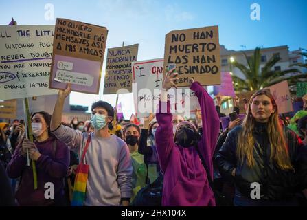 Malaga, Spain. 08th Mar, 2022. Demonstrators hold placards during a demonstration against gender based violence. Under the main slogan: 'Women together are unstoppable', dozens of women organizations took to the streets on 8 March in a massive protest against women violence after relaxing the measures against coronavirus pandemic. Credit: SOPA Images Limited/Alamy Live News Stock Photo