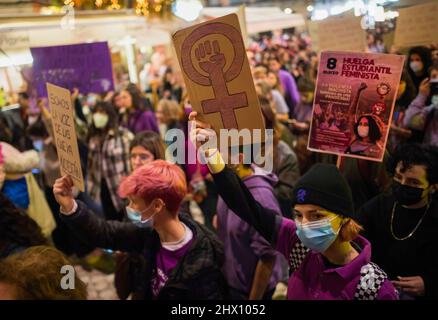 Malaga, Spain. 08th Mar, 2022. Demonstrators hold placards during a demonstration against gender based violence. Under the main slogan: 'Women together are unstoppable', dozens of women organizations took to the streets on 8 March in a massive protest against women violence after relaxing the measures against coronavirus pandemic. Credit: SOPA Images Limited/Alamy Live News Stock Photo