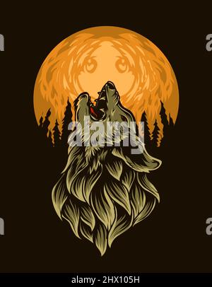 illustration vector roaring wolf in the moon Stock Vector