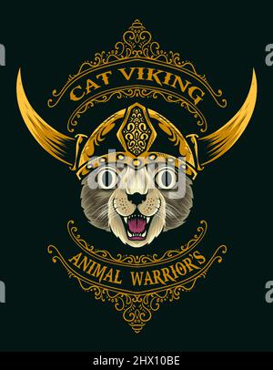 illustration vector viking cat head with pattern ornament Stock Vector