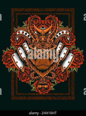 illustration vector gorilla samurai head with rose flower Stock Vector