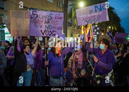 Malaga, Spain. 08th Mar, 2022. Demonstrators hold placards during a demonstration against gender based violence. Under the main slogan: 'Women together are unstoppable', dozens of women organizations took to the streets on 8 March in a massive protest against women violence after relaxing the measures against coronavirus pandemic. (Photo by Jesus Merida/SOPA Images/Sipa USA) Credit: Sipa USA/Alamy Live News Stock Photo