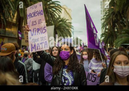 Malaga, Spain. 08th Mar, 2022. Demonstrators hold placards during a demonstration against gender based violence. Under the main slogan: 'Women together are unstoppable', dozens of women organizations took to the streets on 8 March in a massive protest against women violence after relaxing the measures against coronavirus pandemic. (Photo by Jesus Merida/SOPA Images/Sipa USA) Credit: Sipa USA/Alamy Live News Stock Photo