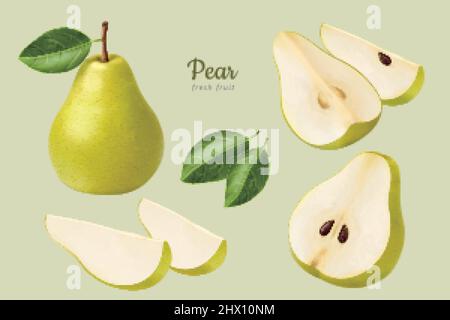 Green European pear set. 3d illustration of fresh pears in halves and wedges with its leaves isolated on light green background Stock Vector