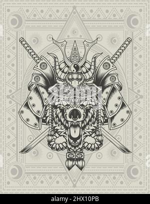illustration vector wolf samurai head with two katana sword Stock Vector