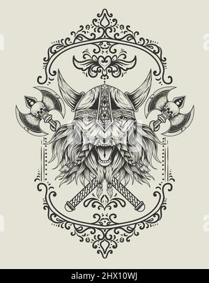 illustration vector viking head with two ax Stock Vector