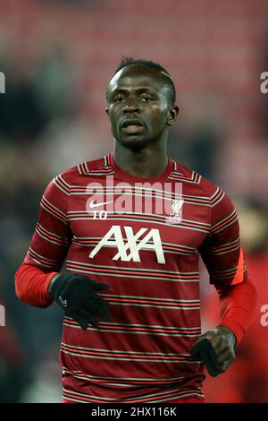 Liverpool, UK. 08th Mar, 2022. Sadio Mane of Liverpool during the warm up. UEFA Champions league, round of 16 match, 2nd leg, Liverpool v Inter Milan at Anfield Stadium in Liverpool on Tuesday 8th March 2022. this image may only be used for Editorial purposes. Editorial use only, license required for commercial use. No use in betting, games or a single club/league/player publications. pic by Chris Stading/Andrew Orchard sports photography/Alamy Live news Credit: Andrew Orchard sports photography/Alamy Live News Stock Photo