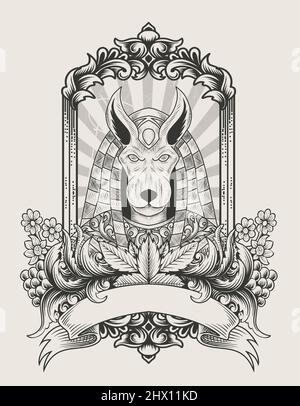 illustration vector anubis god with engraving ornament style Stock Vector