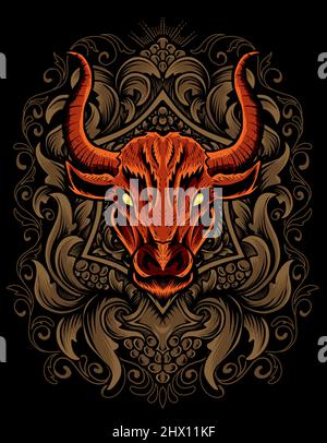 Illustration vector Bull head with vintage engraving ornament on black background Stock Vector