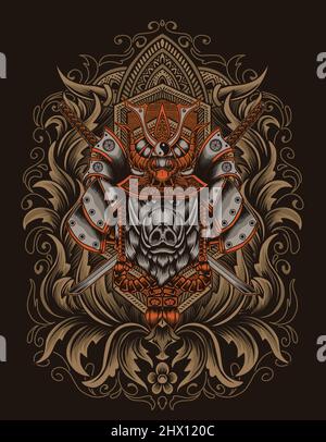 illustration vector wild boar samurai with engraving ornament Stock Vector