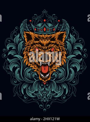 illustration vector angry wolf head with antique ornament Stock Vector