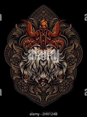 illustration vector viking head with vintage engraving ornament Stock Vector