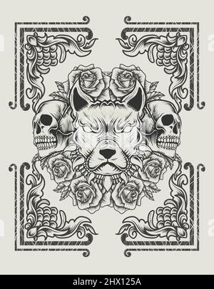 illustration vector dog head with skull and rose flower Stock Vector