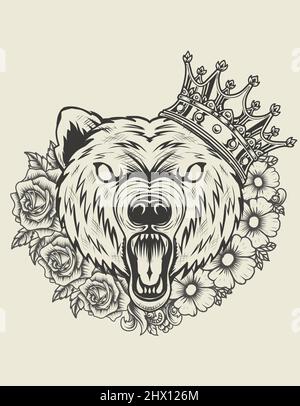 illustration angry bear head with flower ornament Stock Vector