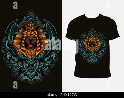 illustration anubis head with vintage engraving ornament Stock Vector