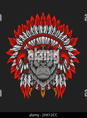 illustration vintage indian apache gorilla head Stock Vector