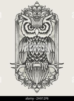 illustration vintage owl bird monochrome style Stock Vector