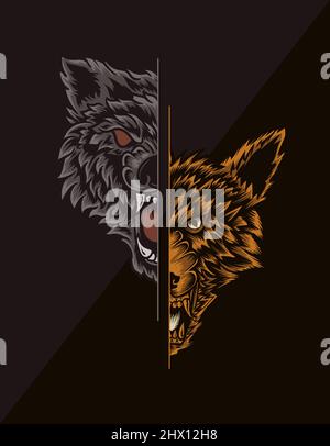 illustration angry wolf head two style Stock Vector