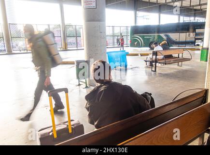 Seville bus station at the departures terminal, Andalucia, Spain Stock Photo