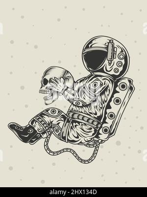 illustration astronaut holding skull monochrome style Stock Vector