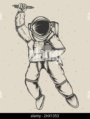 illustration astronaut holding the book monochrome style Stock Vector