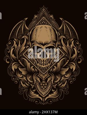 illustration demon skull head with antique engraving ornament Stock ...