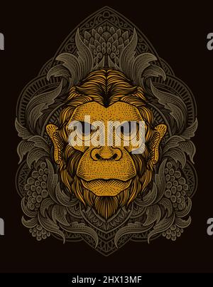 illustration monkey head with vintage engraving ornament style Stock Vector