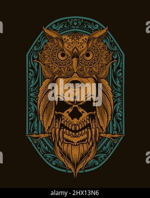 illustration owl bird skull ornament style Stock Vector