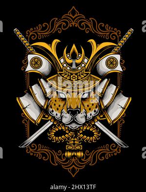 illustration vintage cheetah samurai head Stock Vector