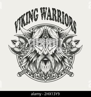 illustration viking warriors head monochrome color Stock Vector