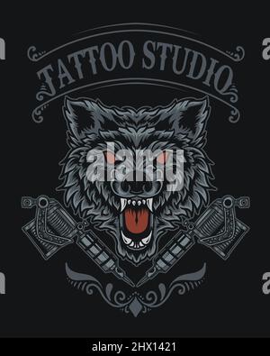 illustration wolf tattoo studio logo Stock Vector