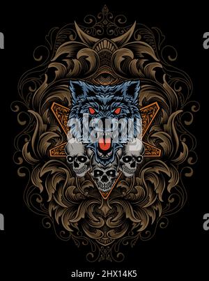 illustration angry wolf and skull head with antique ornament Stock Vector