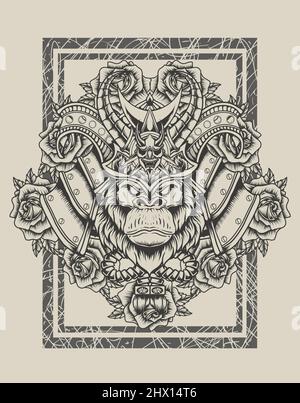 illustration gorilla samurai head with rose flower monochrome style Stock Vector
