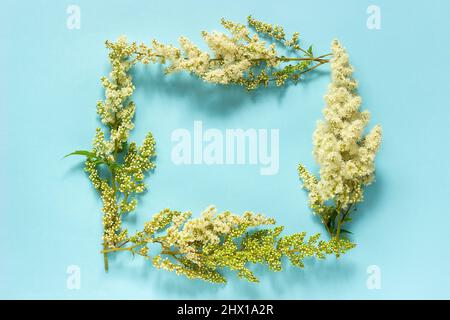 Flower composition. Frame nature floral rectangular wreath of blooming twig white flowers on blue background. Flat lay Top view. Mock up Template for Stock Photo