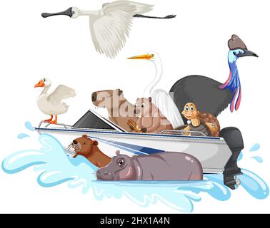 Many animals on the boat illustration Stock Vector