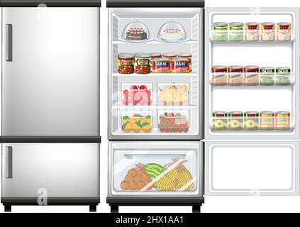 Refrigerator closed and opened door with lots of food  illustration Stock Vector