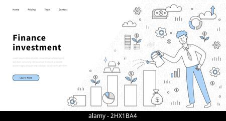 Finance investment doodle landing page, money grow concept with ...