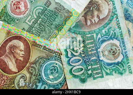 Old vintage money (banknotes) of the former Soviet Union, background Stock Photo