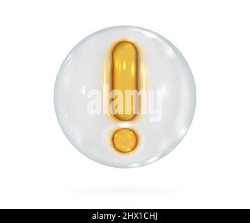 3d warning icon. Yellow exclamation mark glossy glass in white bubble. Vector render design element. Stock Vector