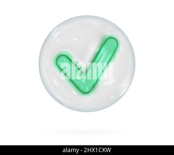 3d check mark icon. Green confirm glossy glass sign in white bubble. Vector render design element. Stock Vector