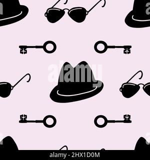 Detective, spy, mafia seamless pattern. Black items on pink background. Stock Vector