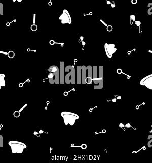 Detective, spy, mafia seamless pattern. White items on black background. Stock Vector