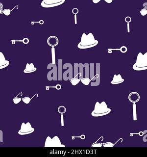 Detective, spy, mafia seamless pattern. White items on purple background. Stock Vector