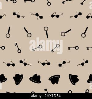 Detective, spy, mafia seamless pattern. Black items in a row on beige background. Stock Vector