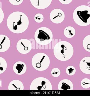 Detective, spy, mafia seamless pattern. Black items in white bubbles on pink background. Stock Vector